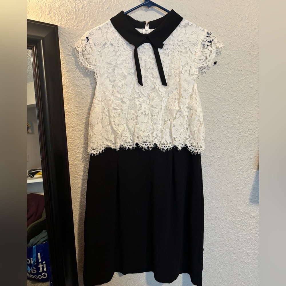 CeCe Women’s Size 12 Black and White Dress with Collar and Lace Detail - Picture 1 of 5